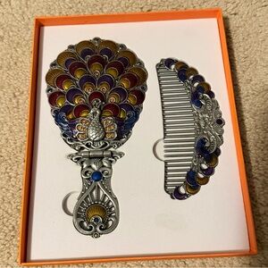 Vintage Style Peacock Design Hand Mirror and Comb Set